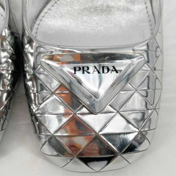 Prada Geometric Silver Metallic Logo Triangle Slingback Pumps In Argento IT 38 - Picture 6 of 13